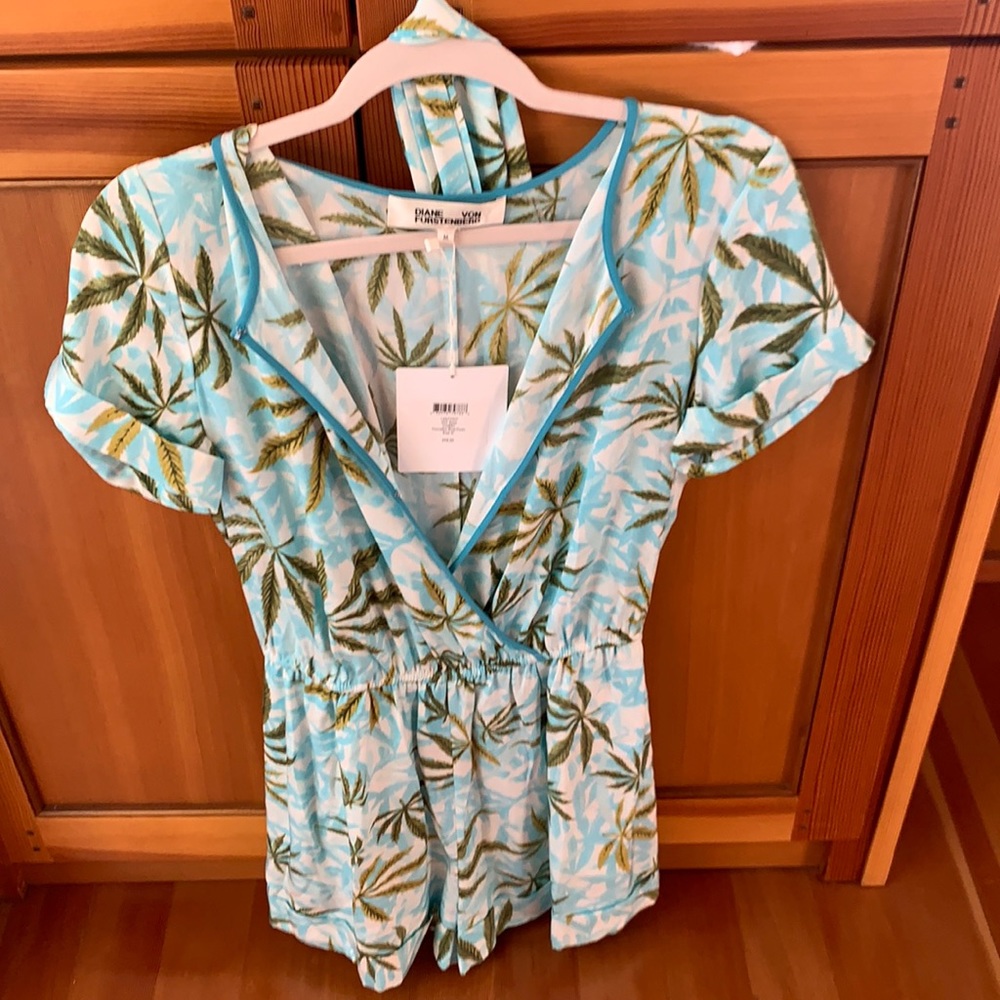 NWT DVF Cannabis Blue Esme Silk Romper
